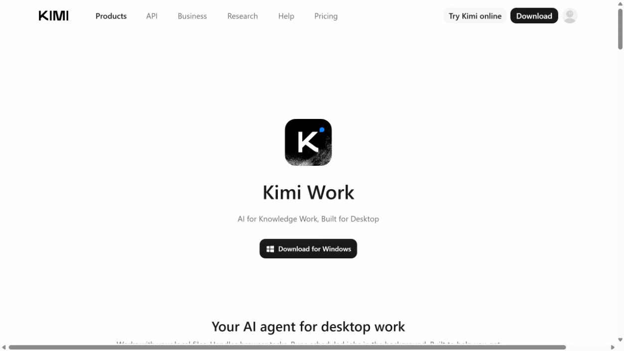 Kimi Work 官方产品页,说明其面向桌面知识工作