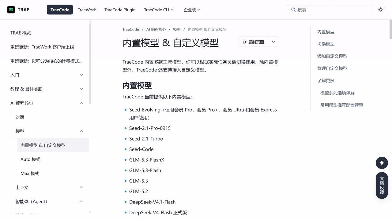 TRAE 官方模型文档,顶部列出 TraeCode、TraeWork、Plugin 和 CLI 产品入口
