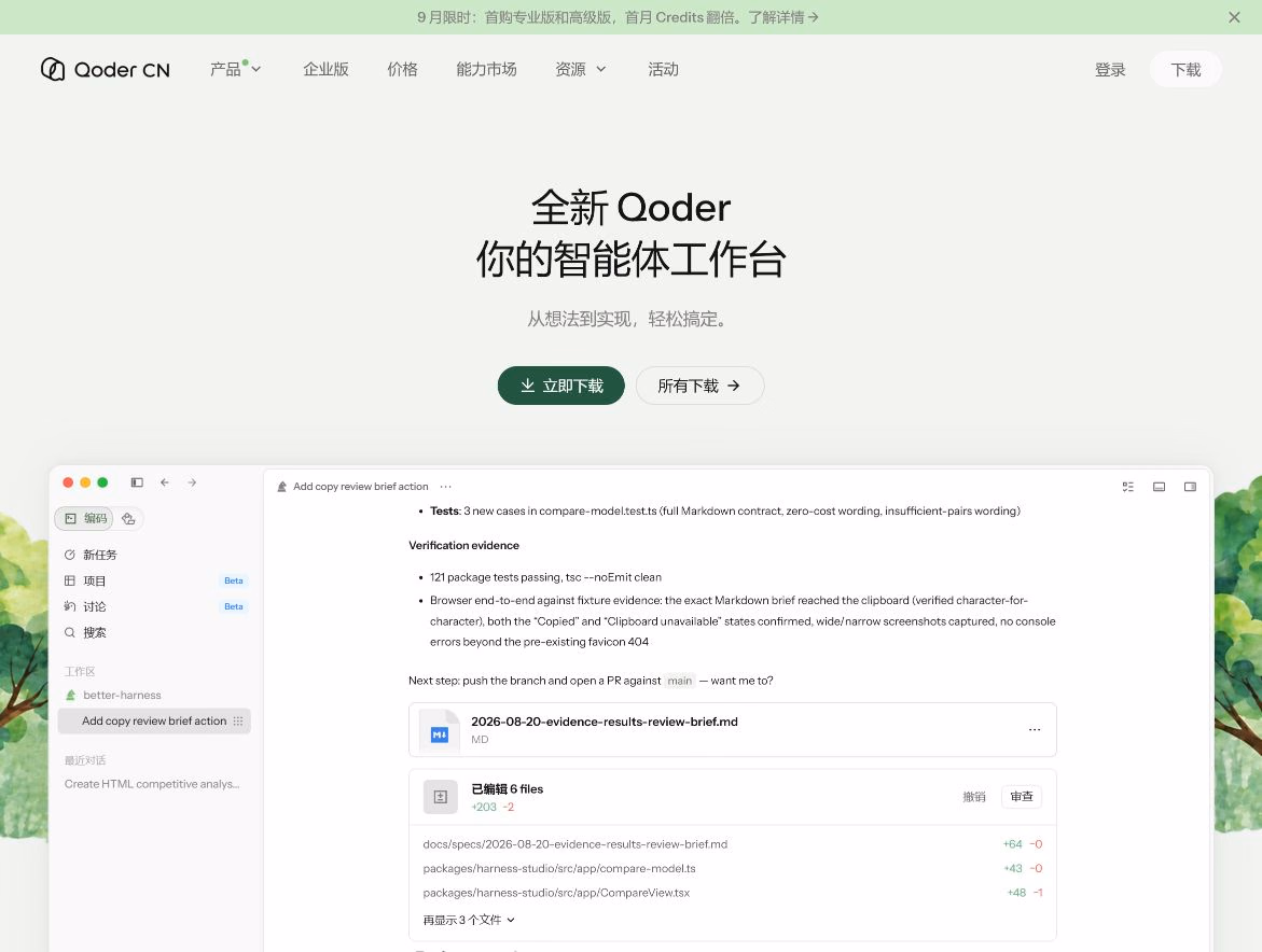 Qoder 国内官网桌面版介绍页,左上角标有 Qoder CN